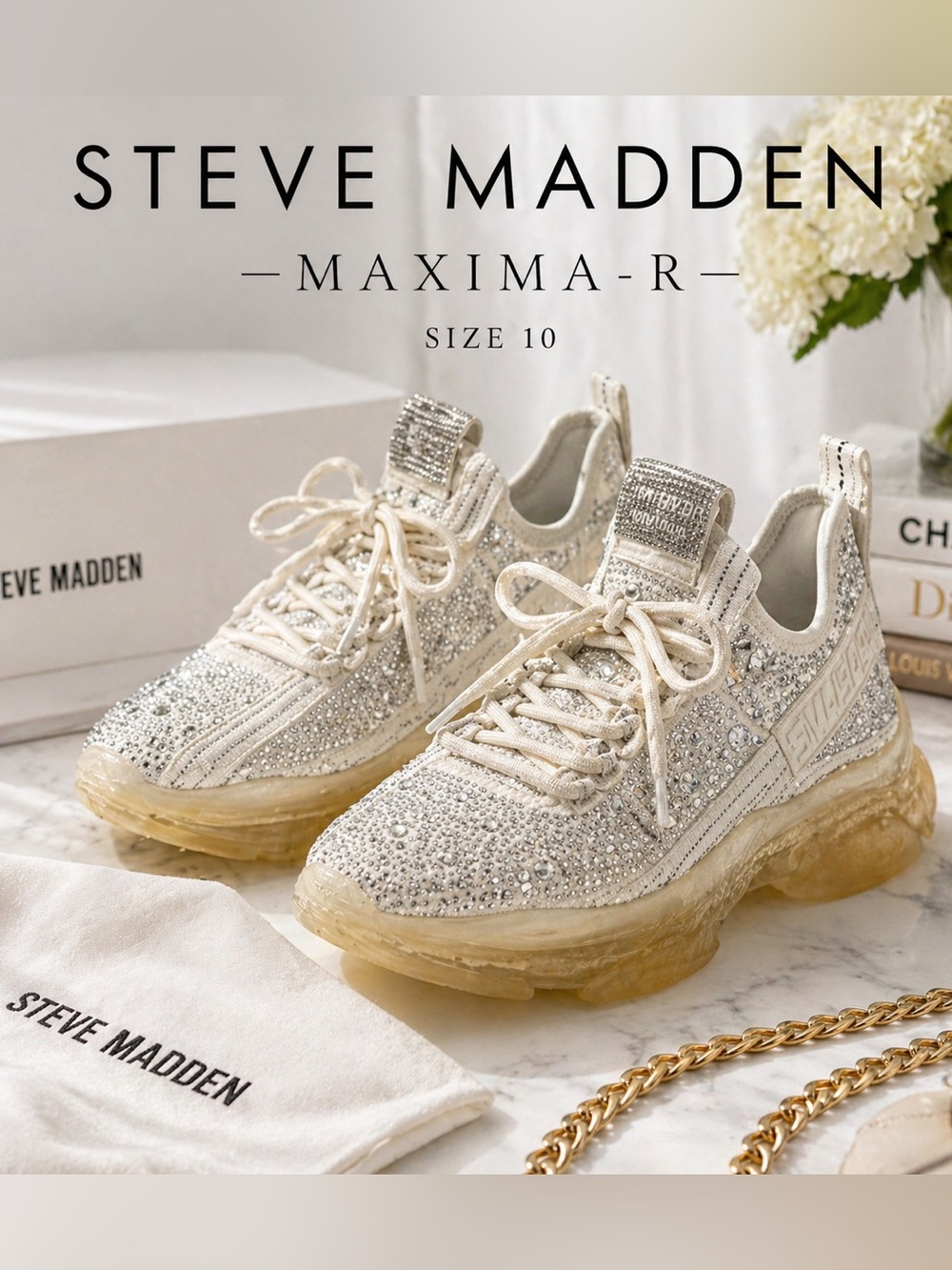 Steve Madden Maxima-R Rhinestone Sneakers White Chunky Platform Size 10 - Picture 2 of 7